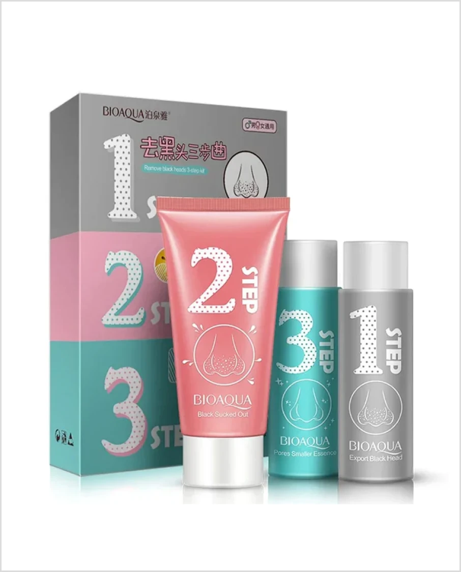 Bioaqua 3 steps blackhead remover nose mask pores smaller essence anti-acne liquid set facial skin care- 3 step easy kit